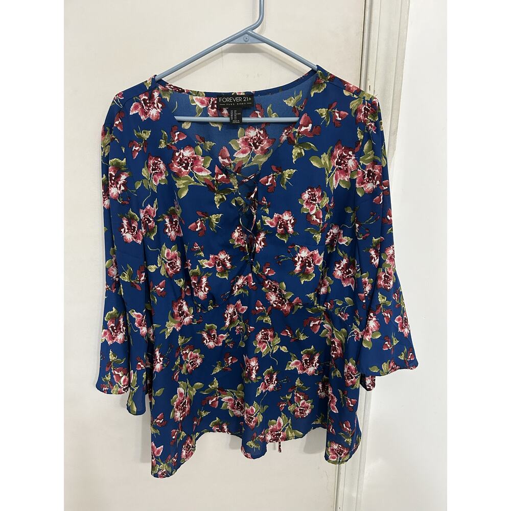 Forever 21 Cerulean Blue Floral Bell Sleeve Empire Waist Blouse Size 2x